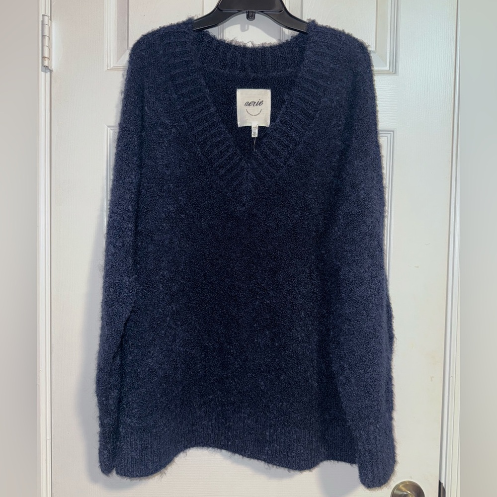 Aerie Navy Blue Oversized Fuzzy Knit  Sweater V-Neck Women’s Sz Large NWT $69.95